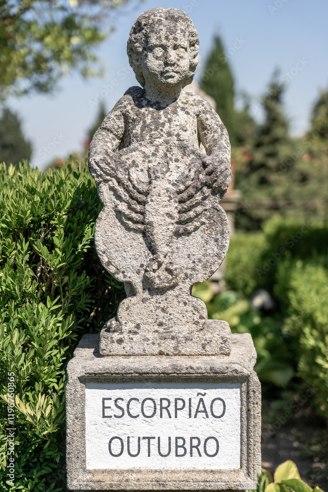 Obraz premium Stone statue depicting the scorpio, october sign belonging to the episcopal garden of the city of Castelo Branco-Portugal.