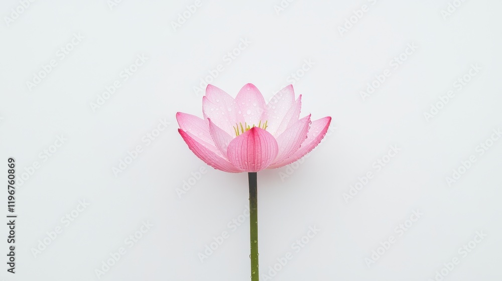 Fototapeta premium A delicate pink lotus flower stands elegantly against a minimalist white background, symbolizing beauty and tranquility.