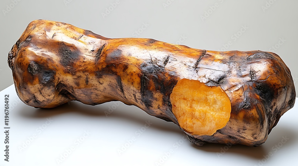 a single root vegetable with a light brown and dark brown marbled peel with a single amber spot on the side.