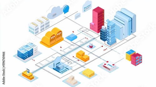 Network infrastructure isometric illustration:  A visual representation of interconnected cloud servers, data centers, and various network components. photo