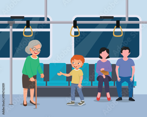 Cute little boy offering seat to elderly woman in public transportation