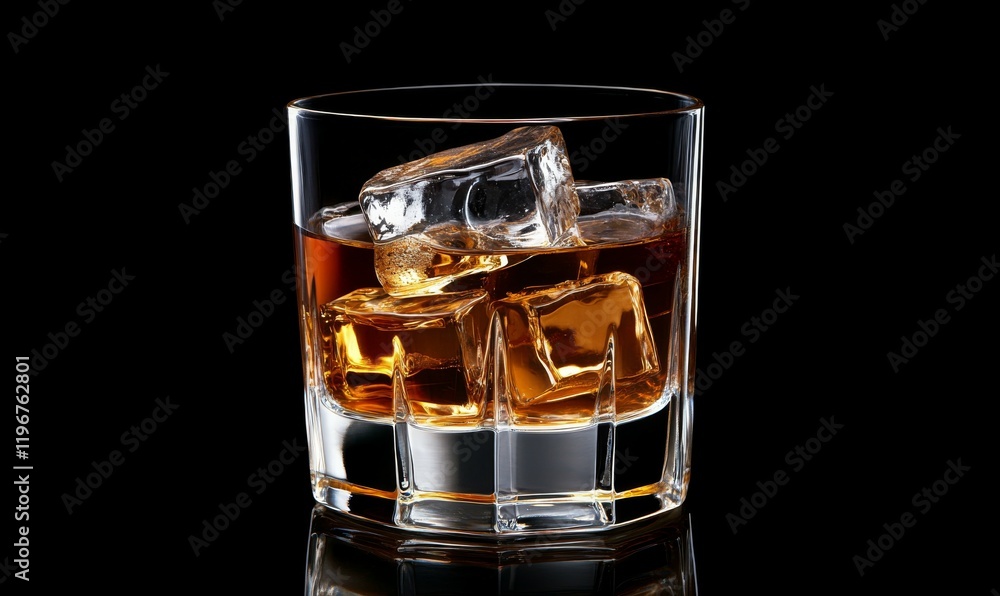 Aged whiskey with ice cubes in a chilled glass, on the rocks cocktail, luxury party, top-shelf liquor, strong spirit Aged whiskey with ice cubes in a chilled glass, on the rocks cocktail, luxury party, top-shelf liquor, strong spirit