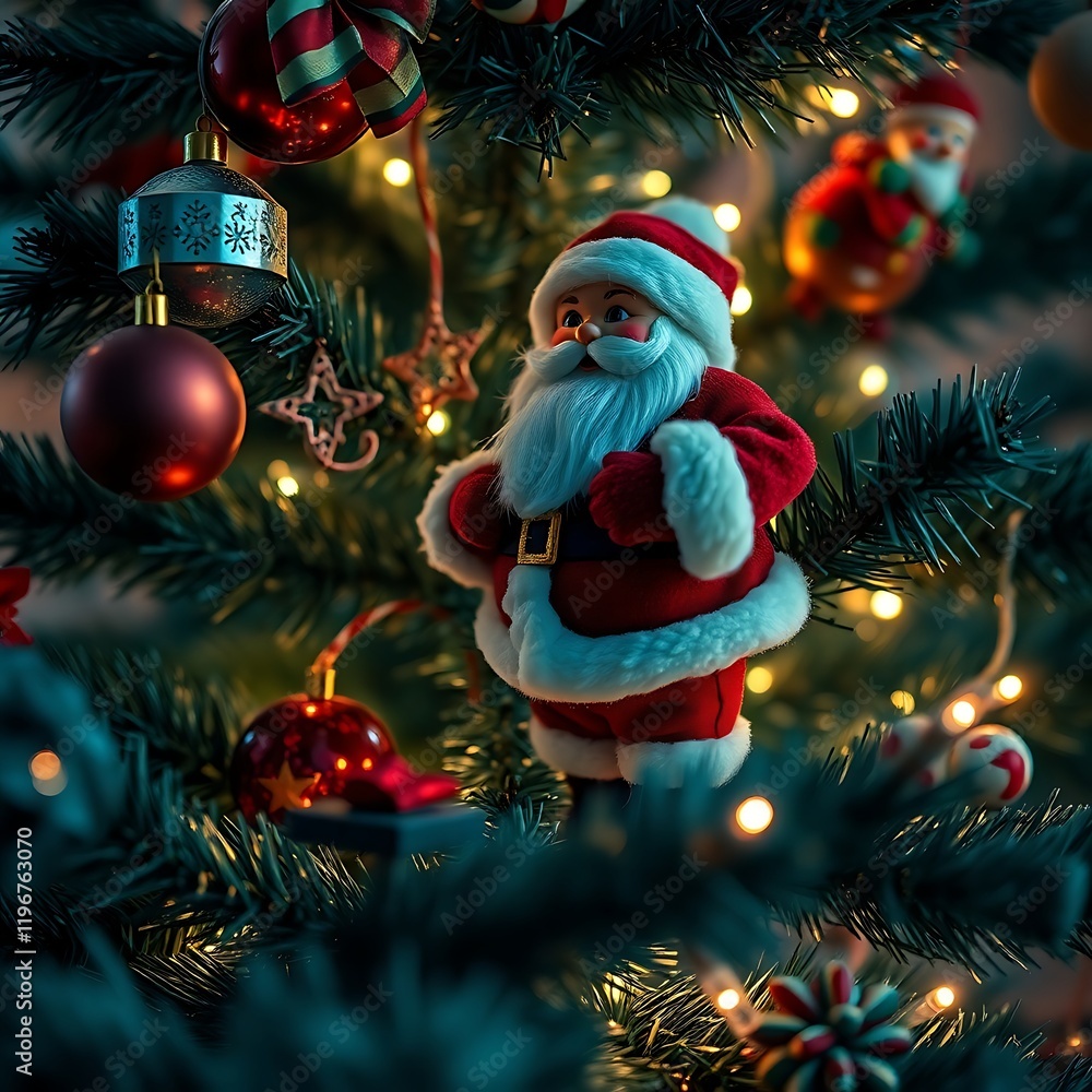 Obraz premium Santa Claus ornament on a Christmas tree with lights and decorations.