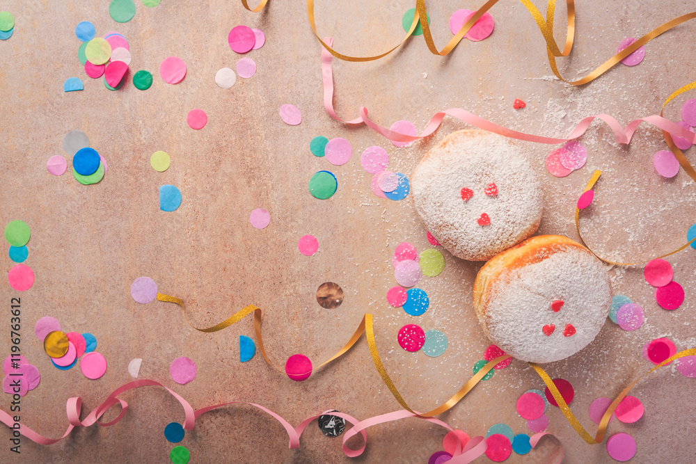 Fototapeta premium Colorful carnival or party background with donuts, streamers and confetti