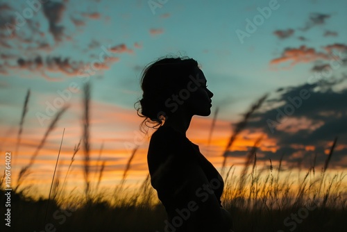 Silhouette of a Woman Against a Colorful Sunset Sky with Gentle Clouds and Tall Grass in the Foreground Captures a Moment of Reflection and Serenity in Nature