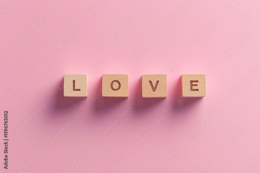 Wooden blocks forming the word 'LOVE' on a soft pink background, symbolizing affection, warmth, and positive emotions in a minimalistic setting, perfect for romantic themes. Wooden blocks forming the word 'LOVE' on a soft pink background, symbolizing affection, warmth, and positive emotions in a minimalistic setting, perfect for romantic themes.