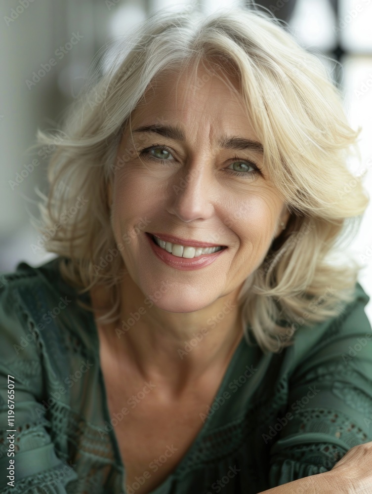 Fototapeta premium Female executive in a professional setting with a welcoming expression.