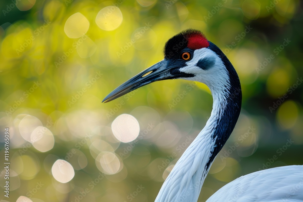 Fototapeta premium Close up of a white naped crane showing its elegant posture and colorful details with a blurred background