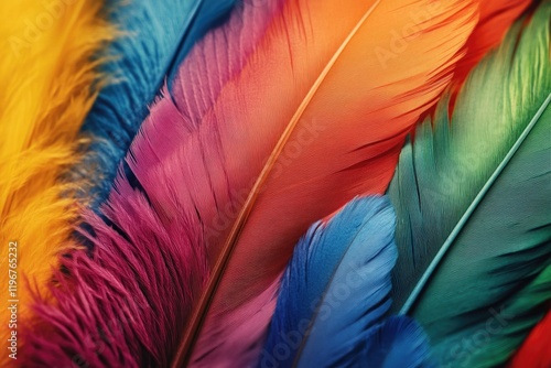 Bright and colorful feathers, likely from a peacock or similar bird. Shown in close-up detail against a neutral background. photo