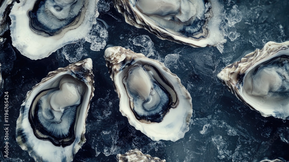 Close-up of fresh oysters on ice, showing their natural shells and the ice's cooling effect. Close-up of fresh oysters on ice, showing their natural shells and the ice's cooling effect.