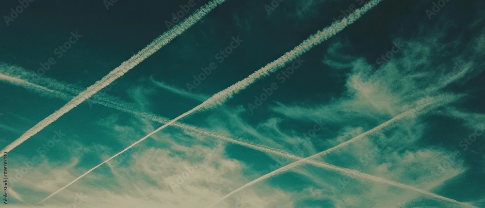 Fototapeta premium Beautiful sky filled with airplane contrails and wispy clouds at sunset