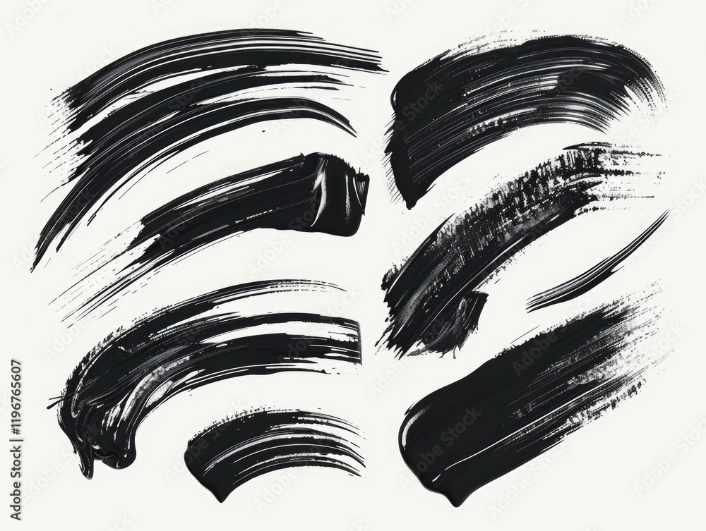 Collection of black brush strokes, some of which are thick and others thin. The brush strokes vary in length and direction, creating a sense of movement and energy. Scene is dynamic and expressive Collection of black brush strokes, some of which are thick and others thin. The brush strokes vary in length and direction, creating a sense of movement and energy. Scene is dynamic and expressive