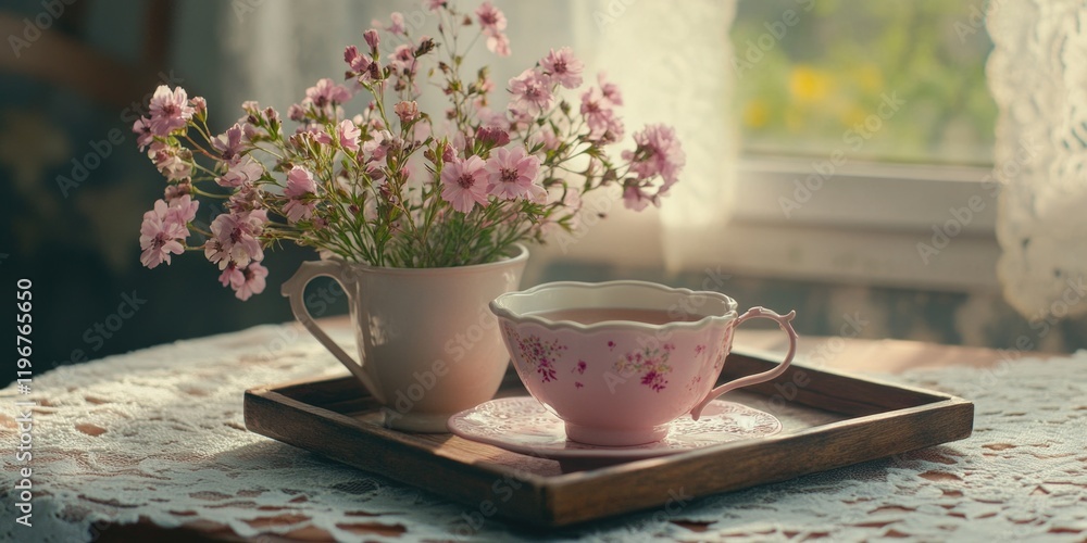 A charming pink tea set on a table with a floral pattern. A vase of flowers adds to the delightful scene. A charming pink tea set on a table with a floral pattern. A vase of flowers adds to the delightful scene.
