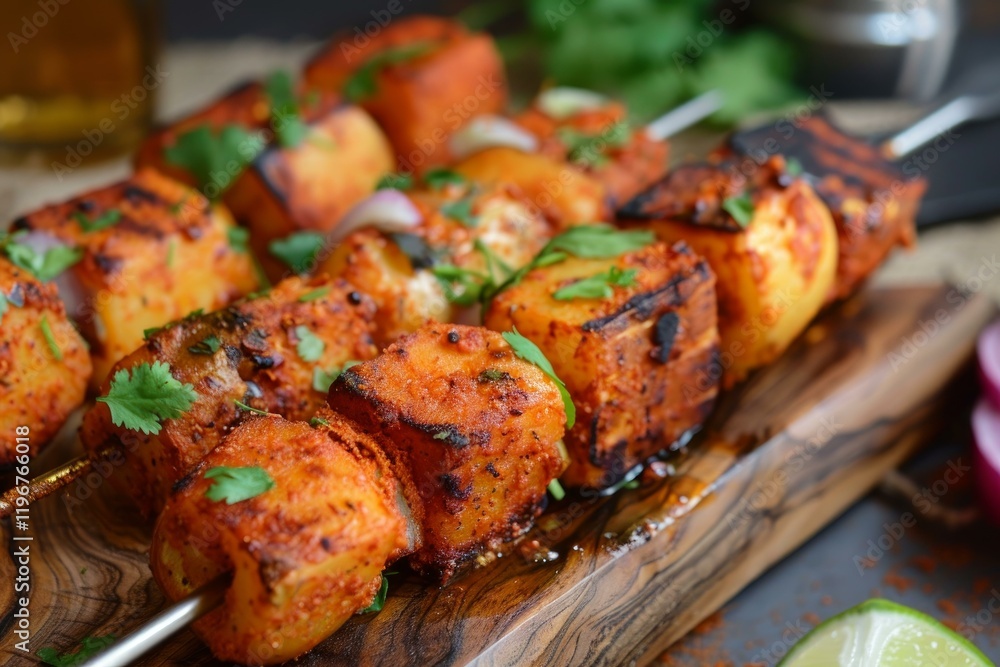 Spicy potato skewers garnished with fresh coriander resting on a wooden board, ready to be enjoyed Spicy potato skewers garnished with fresh coriander resting on a wooden board, ready to be enjoyed