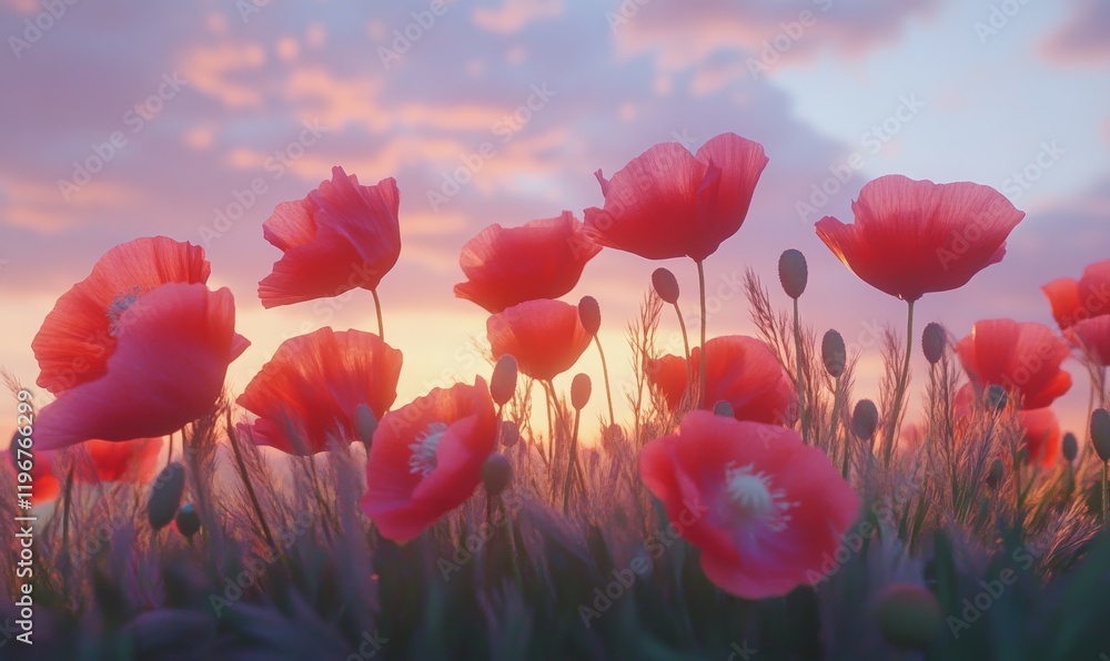Obraz premium Bright beautiful flowers of red poppies in field in evening lighting against backdrop on sky. Scarlet poppies glow at sunset in nature close-up.