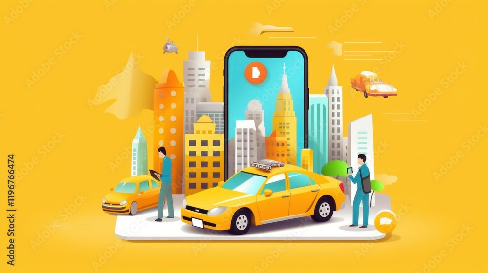 Mobile App City Taxi Service Illustration: Convenient Urban Transportation Booking Experience Mobile App City Taxi Service Illustration: Convenient Urban Transportation Booking Experience
