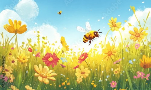Bright flower field with bee pollinating vibrant blossoms during sunny day