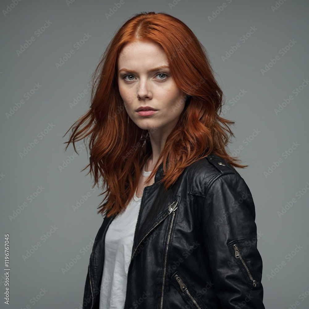 A confident young woman with shoulder-length red hair, wearing a leather jacket, looking fierce, with a white background. A confident young woman with shoulder-length red hair, wearing a leather jacket, looking fierce, with a white background.