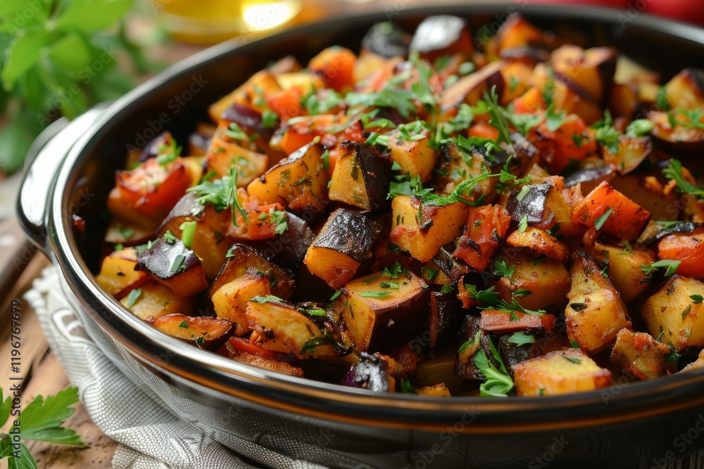 Delicious roasted vegetables made with eggplant, potatoes, tomatoes, and herbs, served in a black bowl Delicious roasted vegetables made with eggplant, potatoes, tomatoes, and herbs, served in a black bowl