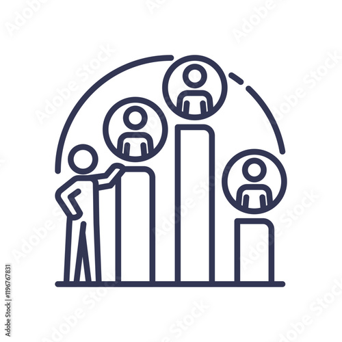 Illustration of workforce analytics with bar chart and people icons.
