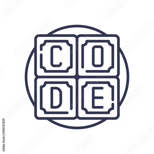 Outlined blocks spelling 'CODE' symbolize programming and development tools.