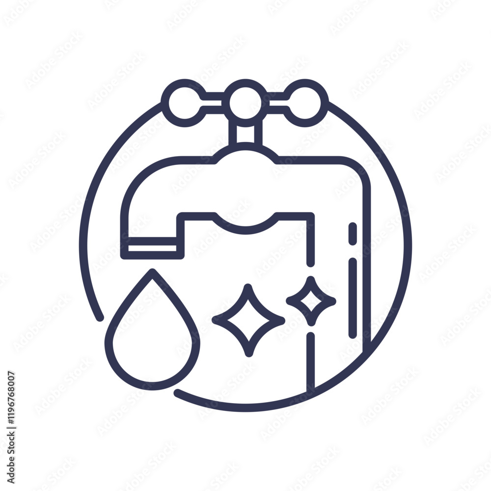 Line art of a faucet with water drop and sparkles, symbolizing clean water access. Line art of a faucet with water drop and sparkles, symbolizing clean water access.