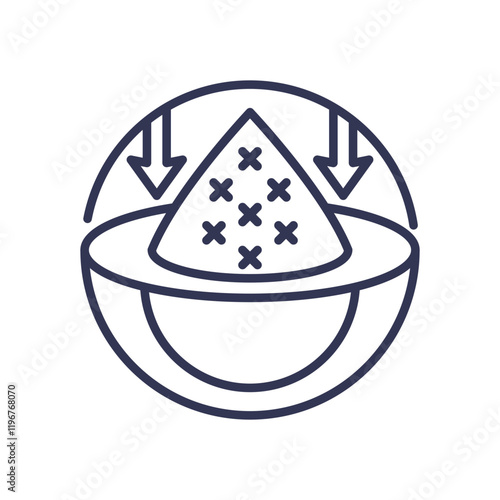 Illustration of a filtration process with arrows and particles, symbolizing contaminant removal.