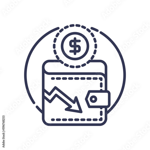 Wallet with downward arrow and dollar sign, symbolizing decreased purchasing power.