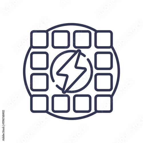 Icon of solar panel with energy symbol, representing solar power generation.