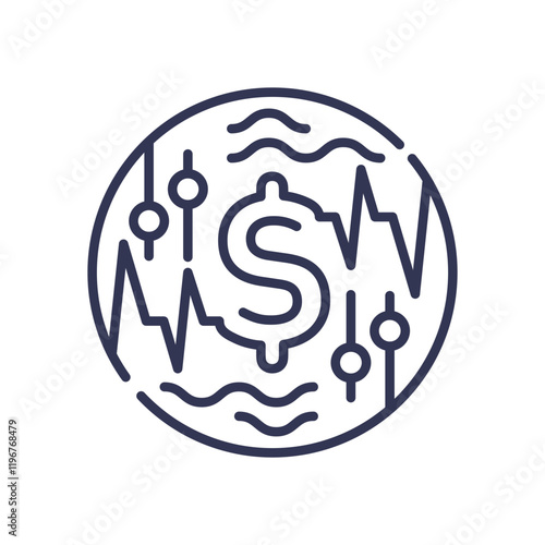 Dollar sign with fluctuating lines and circles symbolizes financial market volatility.
