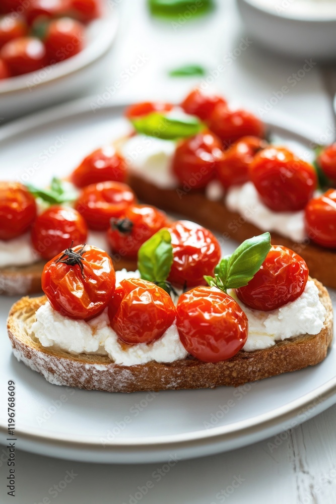 Plate of bread with tomatoes and basil on top. The plate is white and the bread is brown Plate of bread with tomatoes and basil on top. The plate is white and the bread is brown