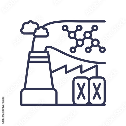 Factory with smokestack, molecular structure, and barrels symbolizing industrial production.