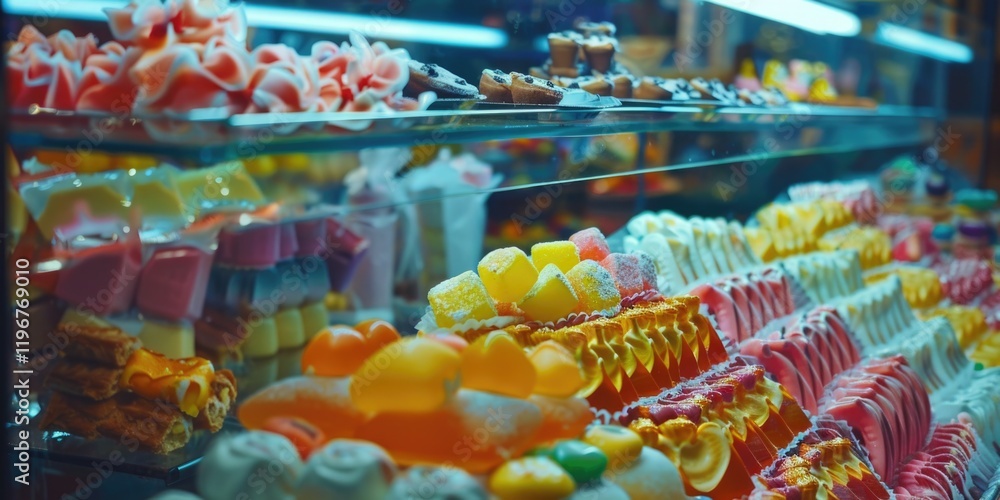 A selection of vividly colored candies inside a glass case, ready for purchase at a store or event. A selection of vividly colored candies inside a glass case, ready for purchase at a store or event.