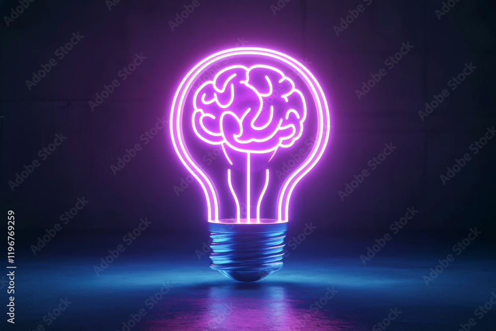 A vibrant neon light bulb shaped like a brain, symbolizing creativity and ideas. A vibrant neon light bulb shaped like a brain, symbolizing creativity and ideas.