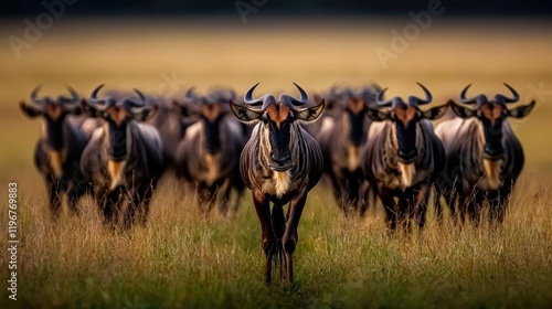 Wildebeest herd migrating across savanna at sunset photo