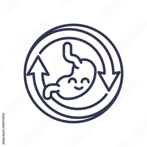 Happy stomach icon with arrows symbolizing digestion and wellness.