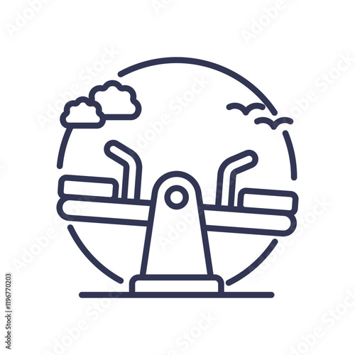 Seesaw symbolizes balance in monetary policy, with clouds and birds representing economic stability.