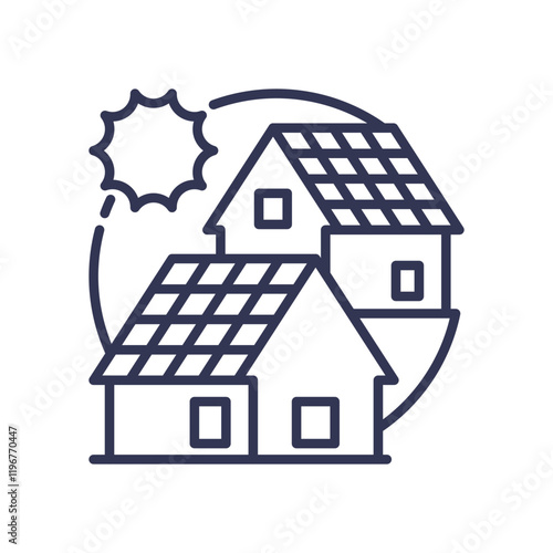 Line art of houses with solar panels and sun, symbolizing sustainable energy.