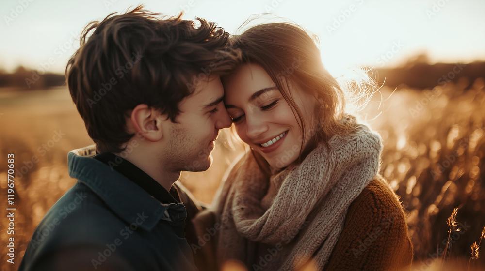 Fototapeta premium romantic outdoor portrait of a couple, young man with tousled brown hair wearing a scarf and jacket, young woman with long dark brown hair in a cozy knit sweater, soft golden hour lighting 