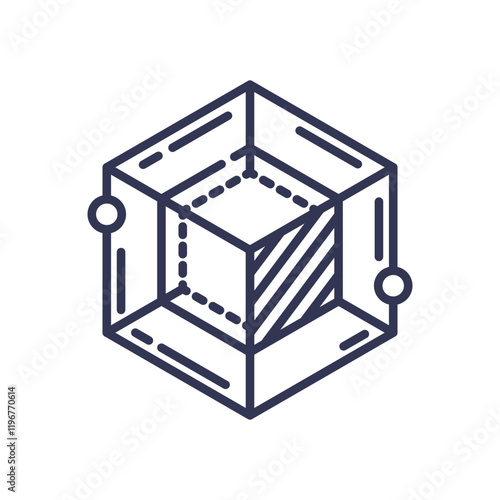 Geometric cube with lines and circles, symbolizing multidimensional quantum potential.