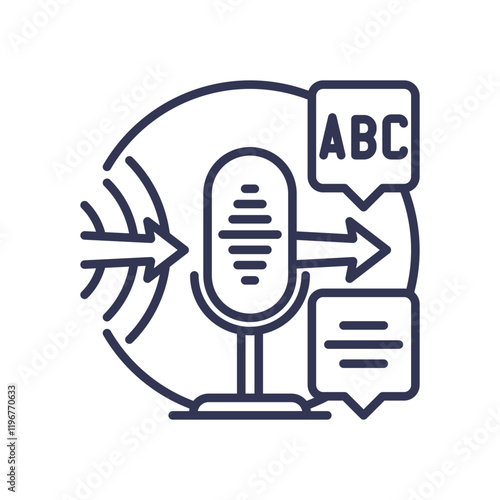 Microphone with sound waves and text bubbles symbolizes real-time voice-to-text conversion.
