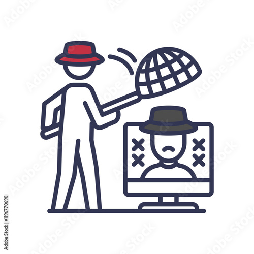 A figure with a red hat uses a net to catch a hacker on a screen, symbolizing vigilante hacking.