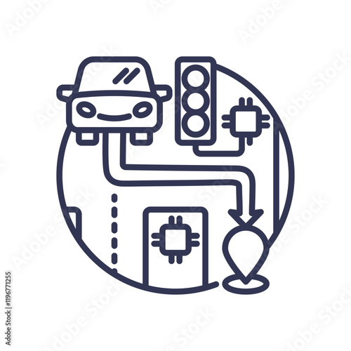 Illustration of car, traffic light, and GPS pin symbolizing traffic and route optimization.
