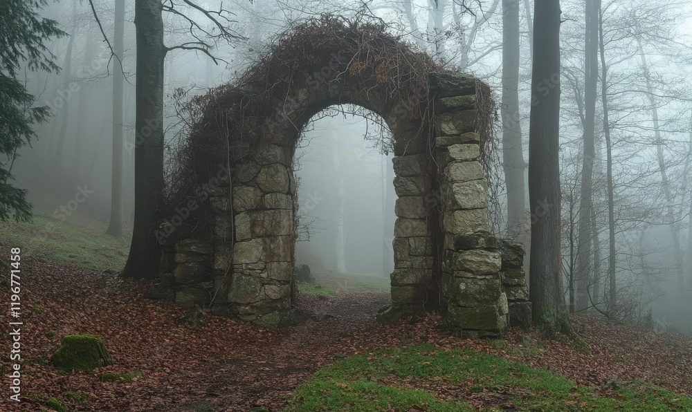 Obraz premium Ancient Stone Gateway Overgrown with Vines in a Foggy Forest