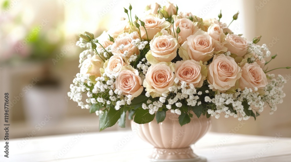 A bouquet of roses and babys breath arranged in a delicate vintage-style ceramic vase, surrounded by soft sunlight. A bouquet of roses and babys breath arranged in a delicate vintage-style ceramic vase, surrounded by soft sunlight.