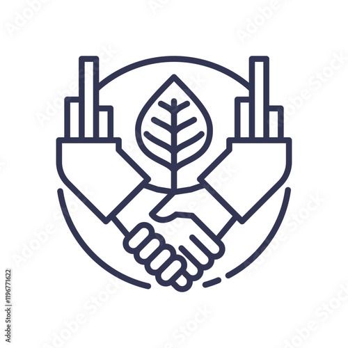 Handshake with leaf and buildings symbolizes sustainable supplier engagement.