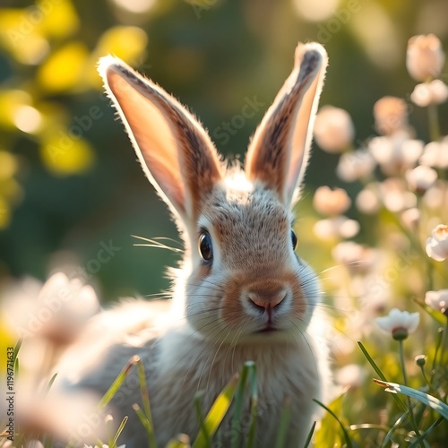 Adorable bunny rabbit in a sunlit garden.