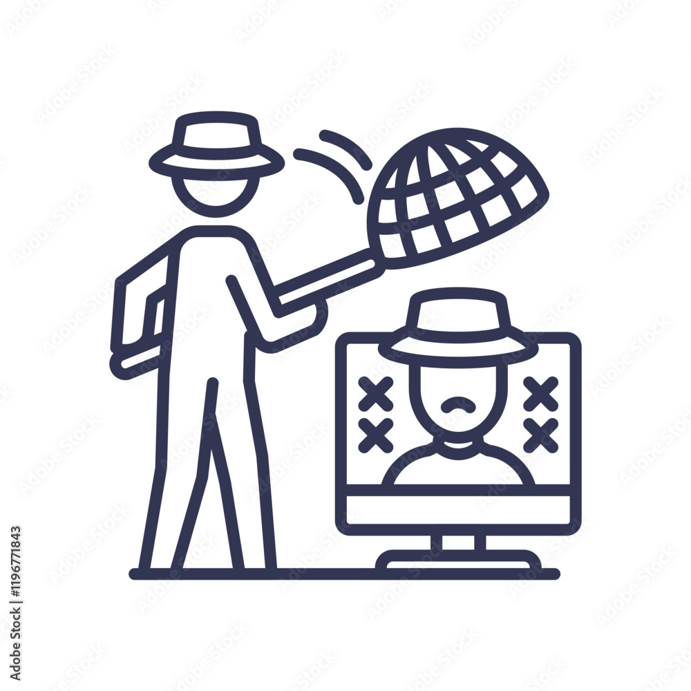 Illustration of a vigilante hacker catching a cybercriminal with a net. Illustration of a vigilante hacker catching a cybercriminal with a net.