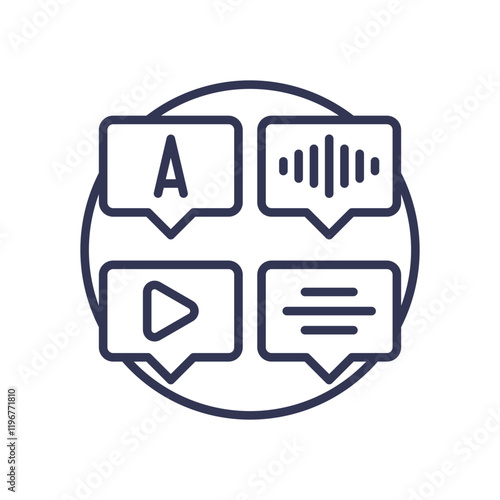 Icons of text, audio, video, and data in a circle symbolize versatile access to multimedia content.