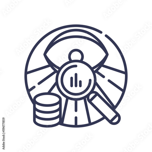 Eye, magnifying glass, and coins symbolize vigilance in financial analysis.